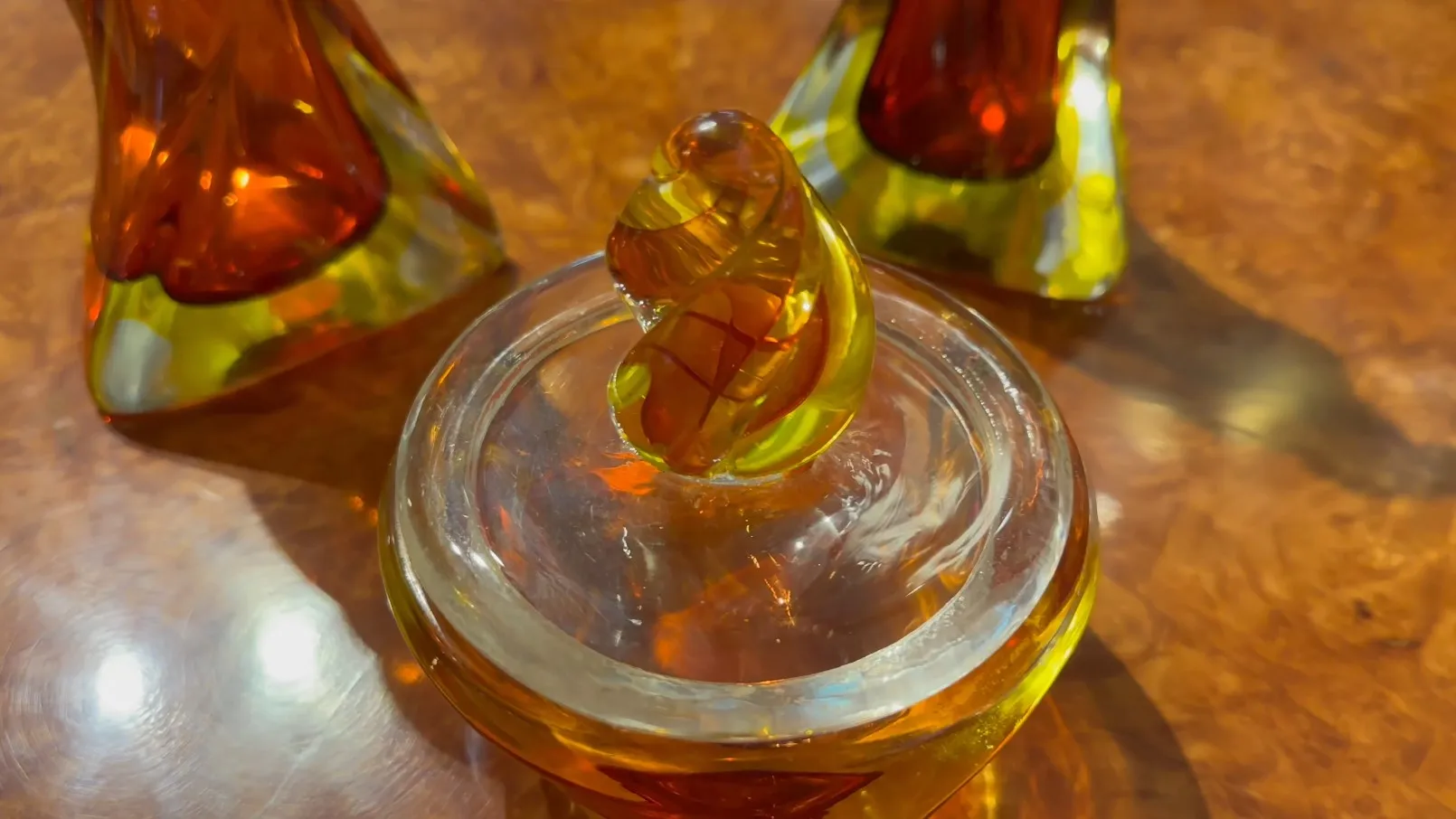 antique murano glass in amber and green tones