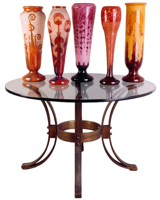 Set of antique decorative glass vases on a table
