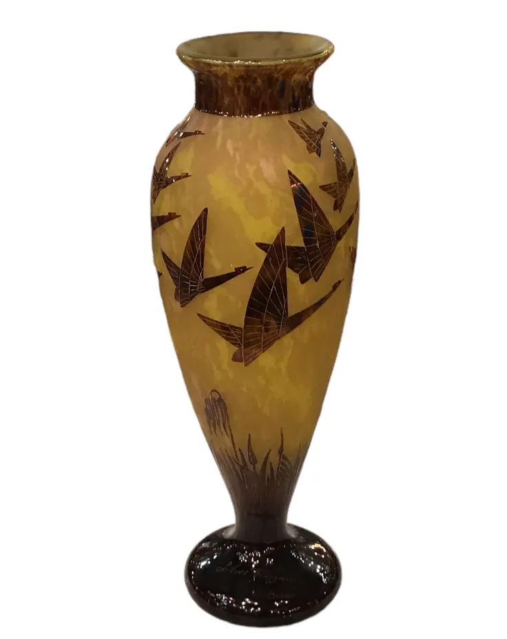 antique glass vase with flying birds decoration