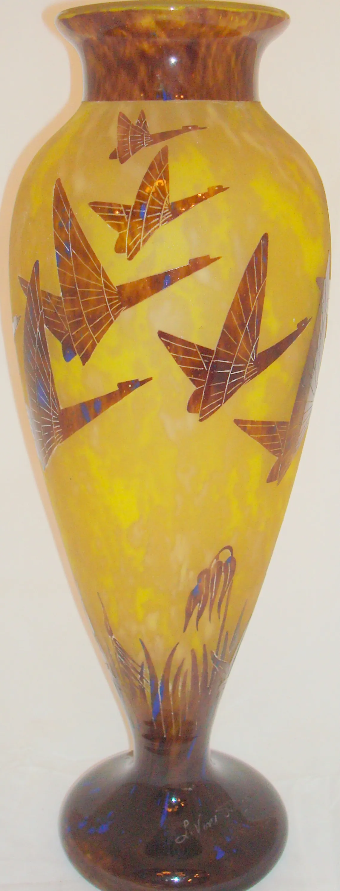 装饰性古董签名玻璃 Le Verre，带有鸟类图案