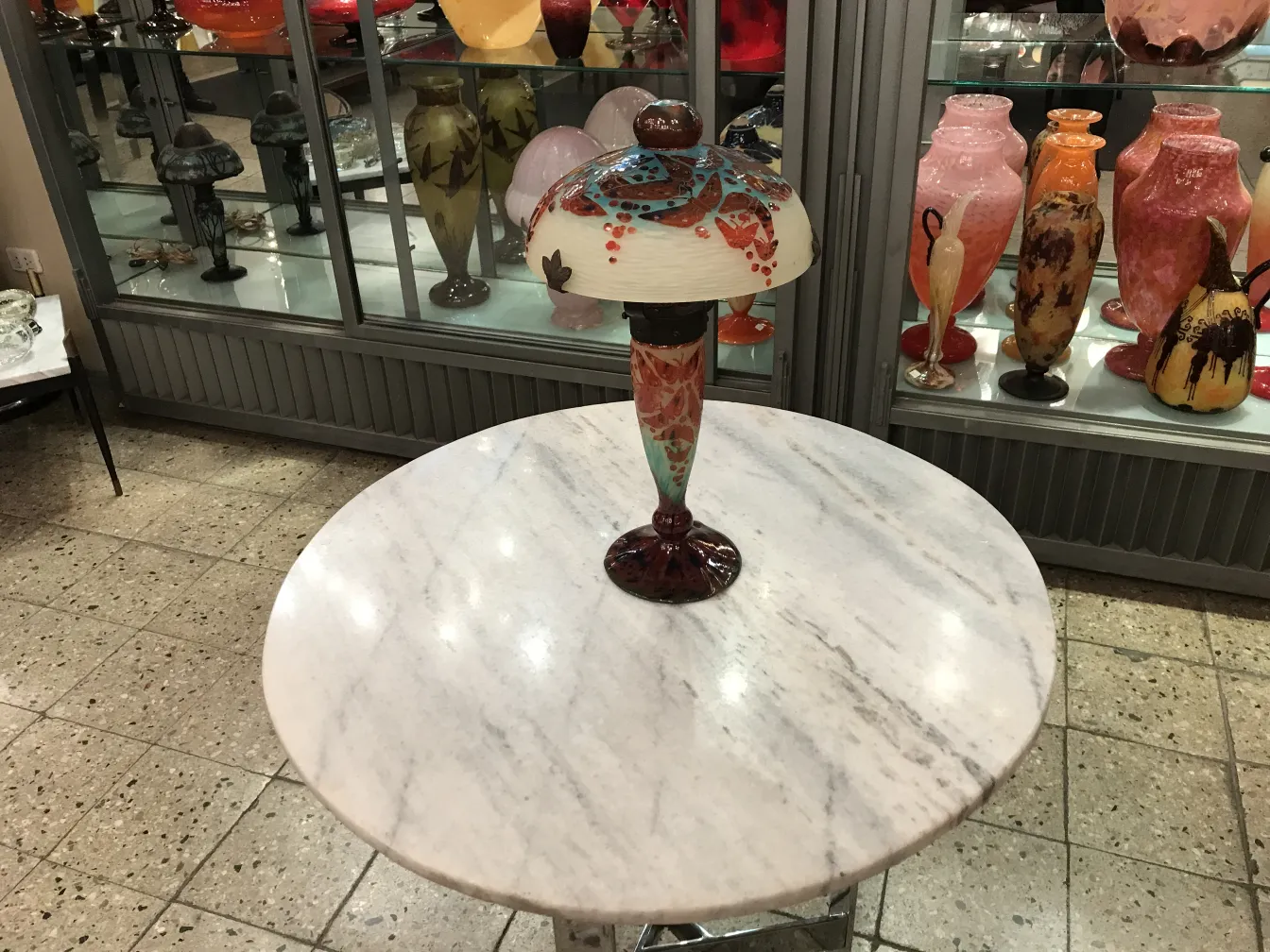 Antique glass lamp with colorful details on table.