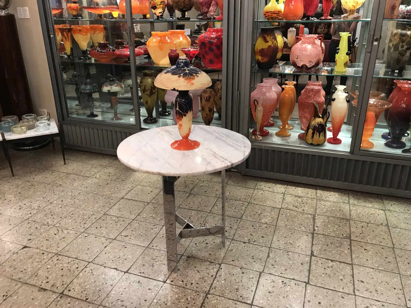 lampada in vetro firmata, sfondo con vari oggetti in vetro colorati