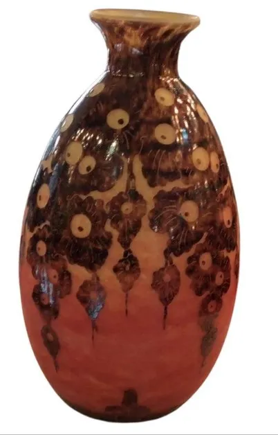 Vase aus signiertem Glas Le Verre mit floralem Design