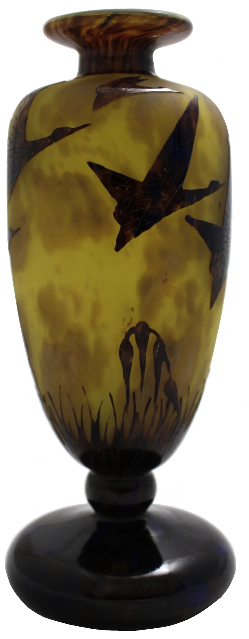 Vaso antigo decorado com aves, em amarelo e preto.