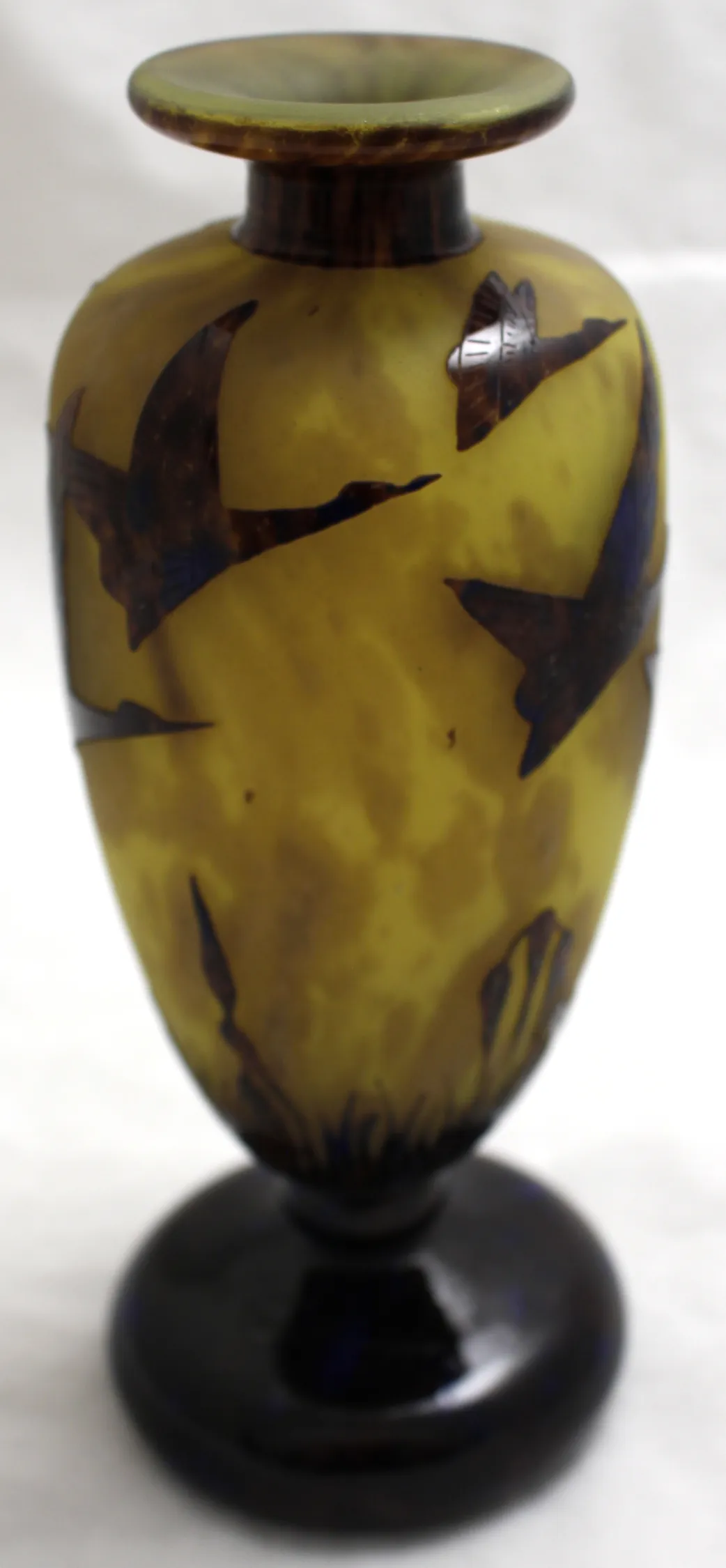 antique signed glass Le Verre with decorative bird design in yellow