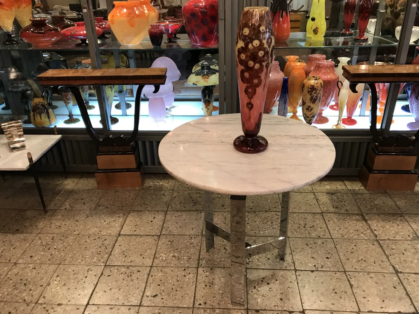 Vaso antigo de vidro assinado com design decorativo.