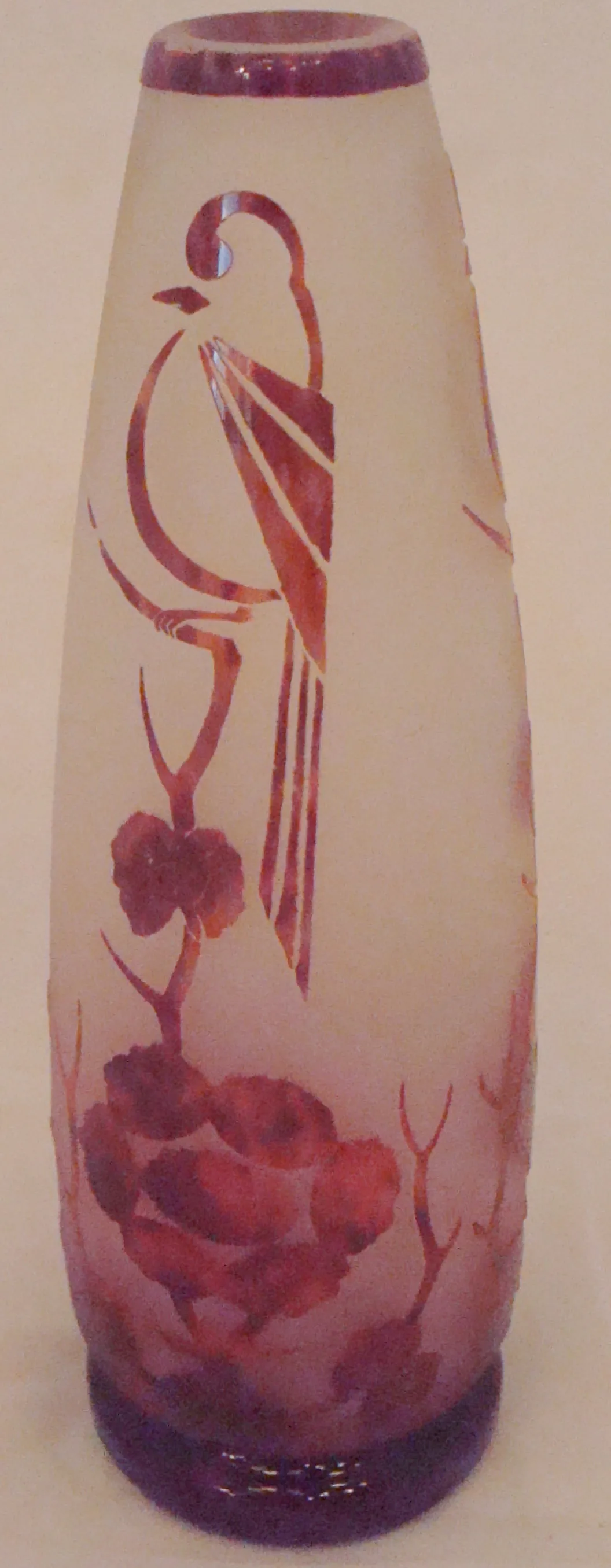 Vaso de vidro com design de pássaros e flores, antiguidade única.