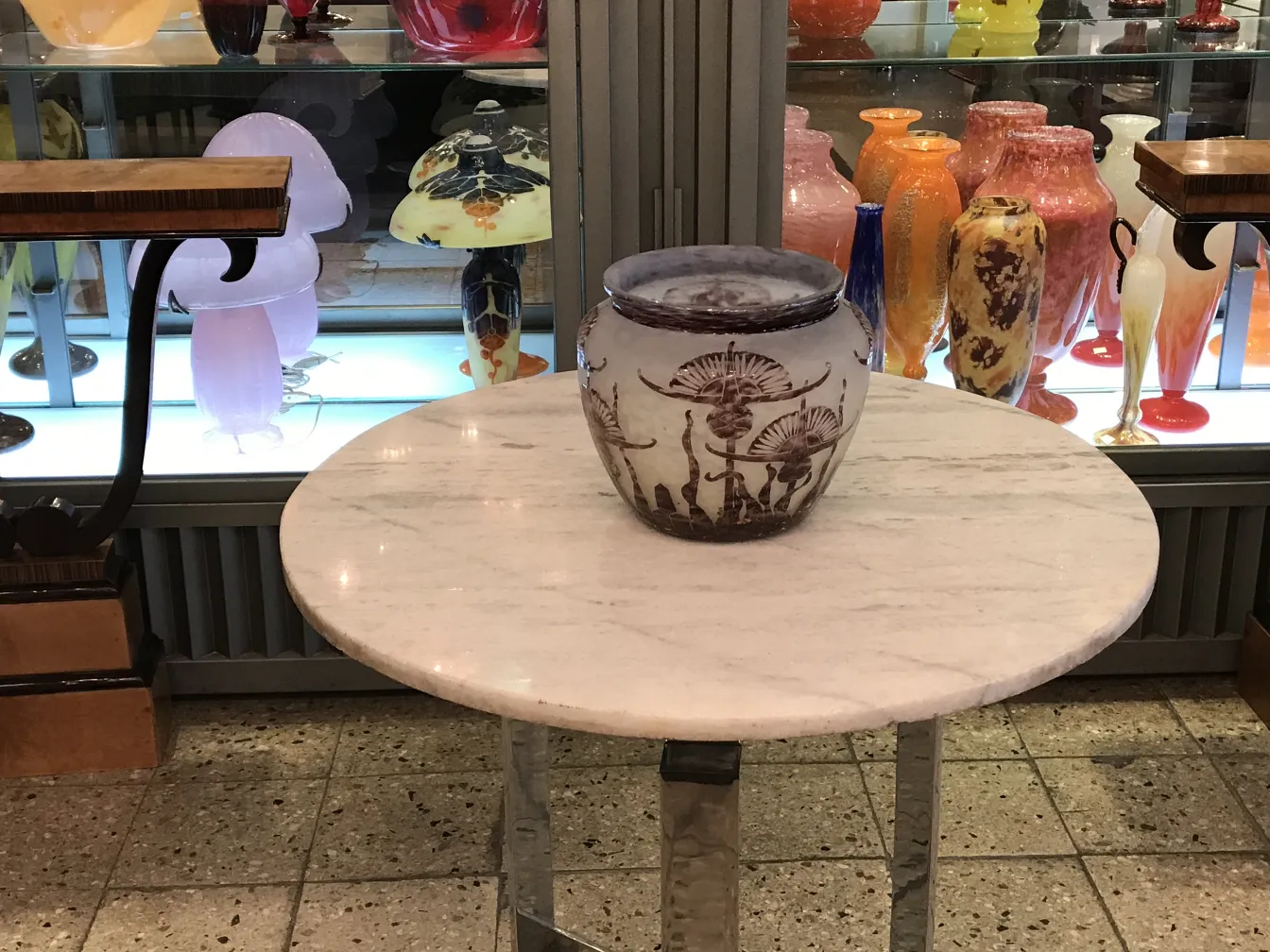 Vase ancien en verre signé avec des motifs floraux