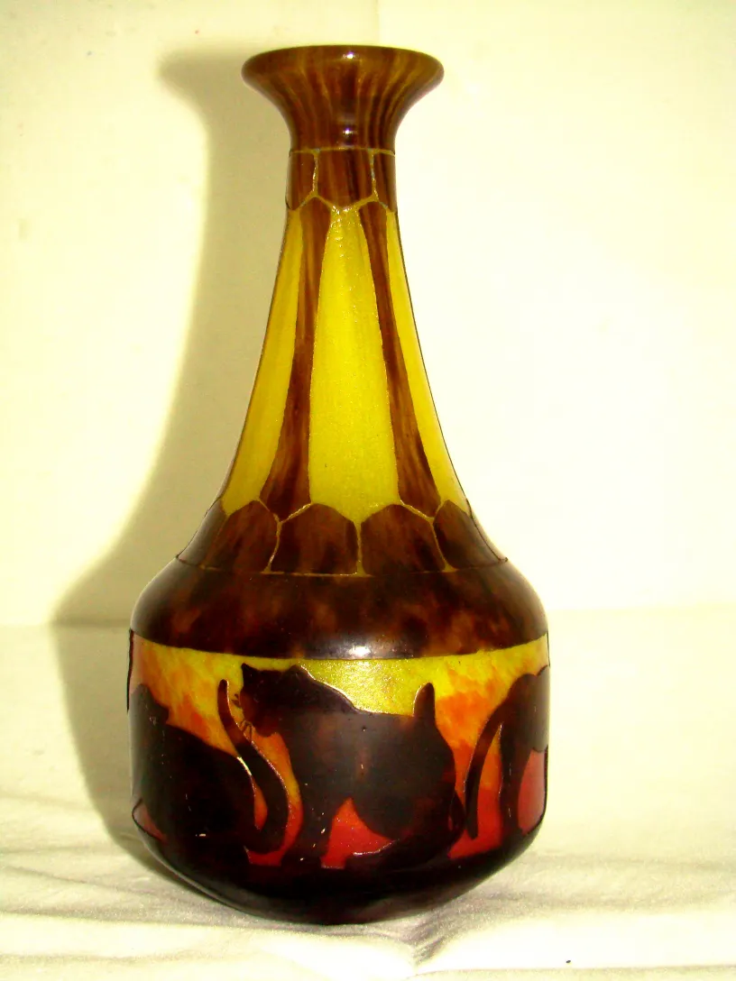 antigüedad vidrio firmado le verre decorado con gatos
