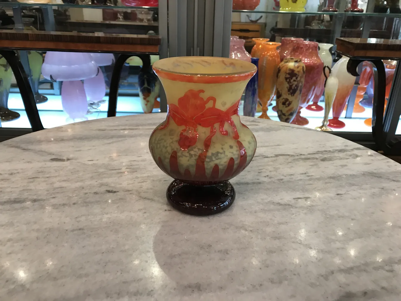 View of a signed glass in a decorative antique setting