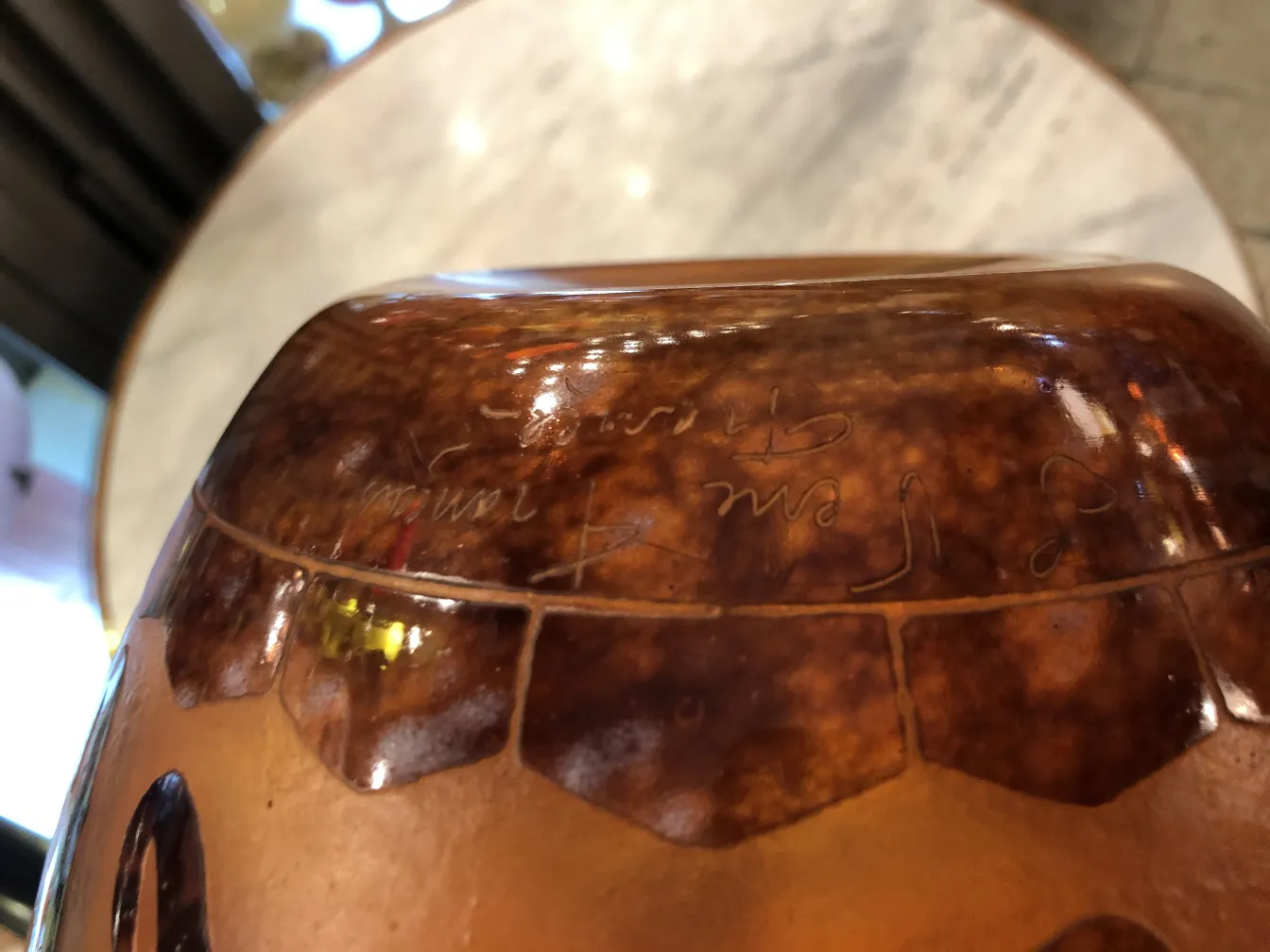 French artisan signed glass with polished details and distinctive signature.