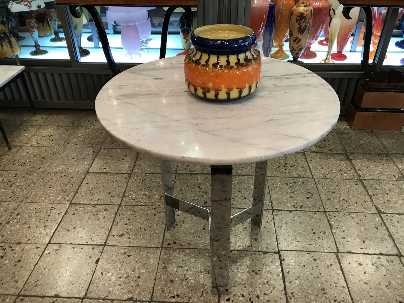 زجاج موقّع Le Verre على الطاولة مع مزهرية زخرفية.