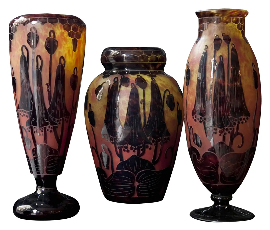 Three vases of signed glass Le Verre with floral designs