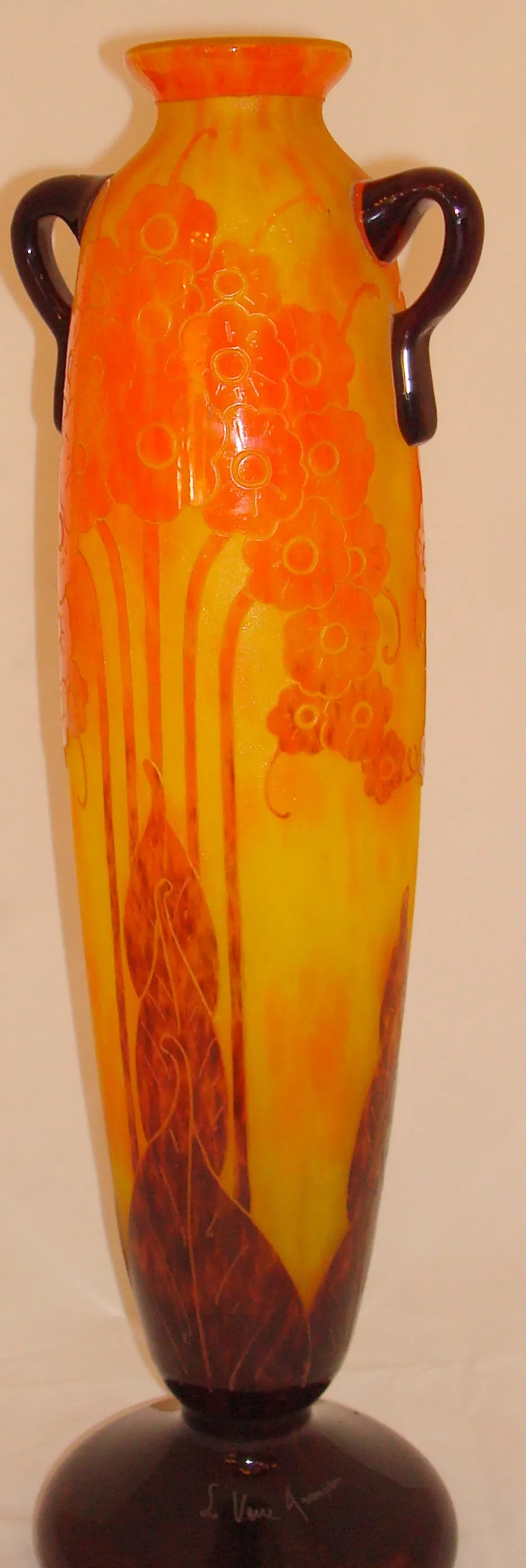 Elegant antique signed glass Le Verre with bright colors and flowers