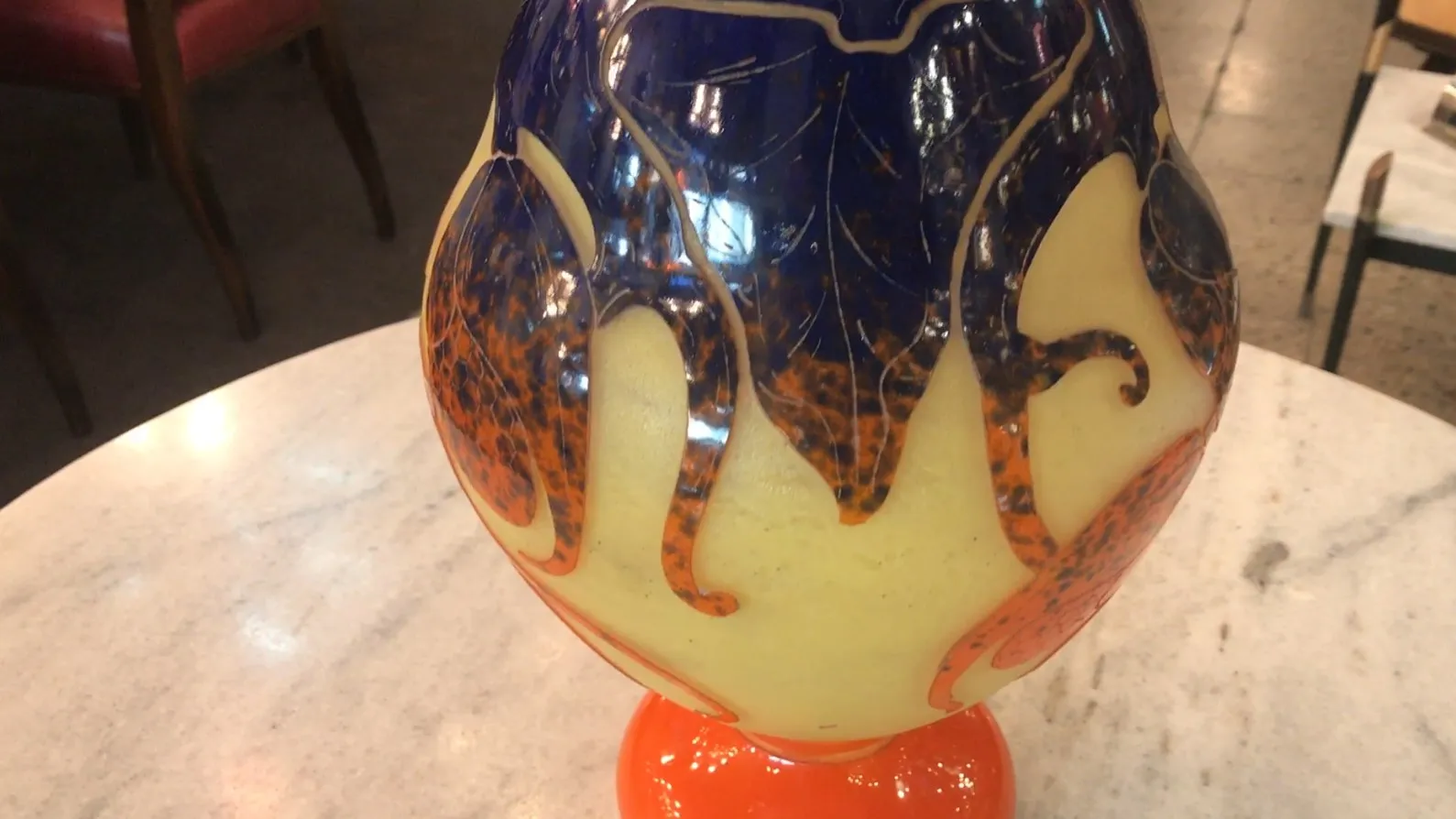 decorative signed glass le verre with blue and orange tones