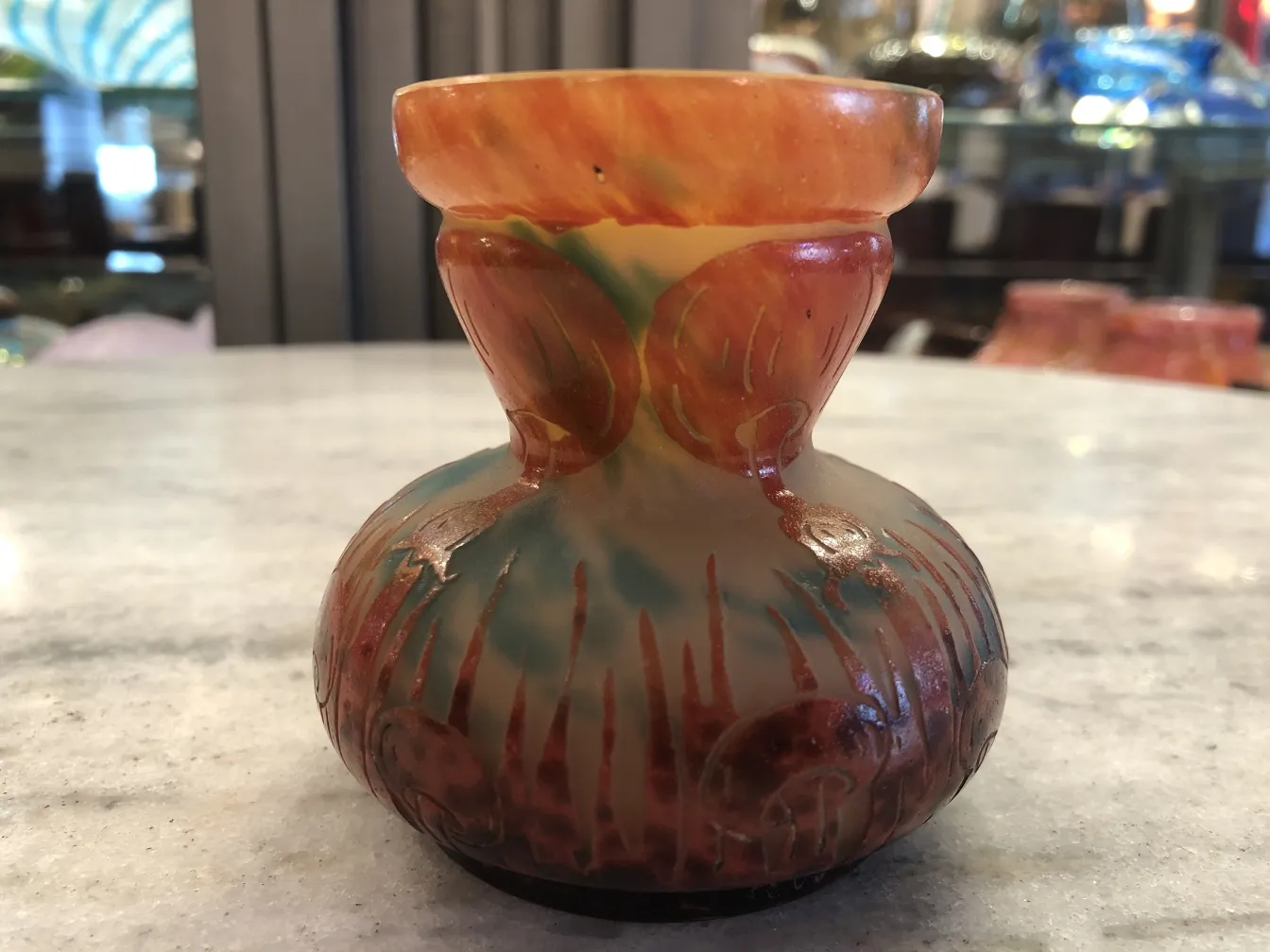 antique glass with colorful design details
