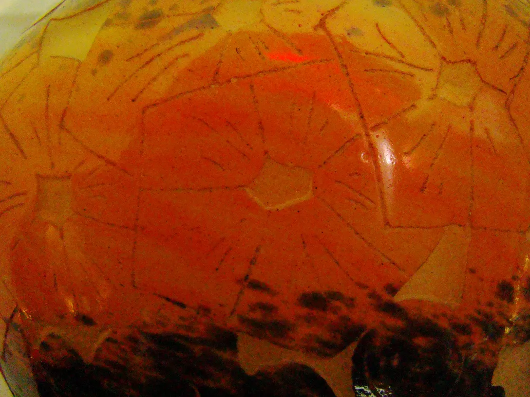 Warm toned signed glass Le Verre with patterns. Antique.