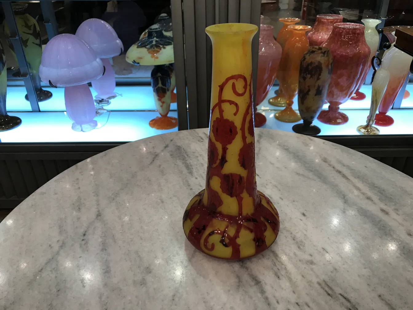 Antique signed glass Le Verre with red and yellow decorations.