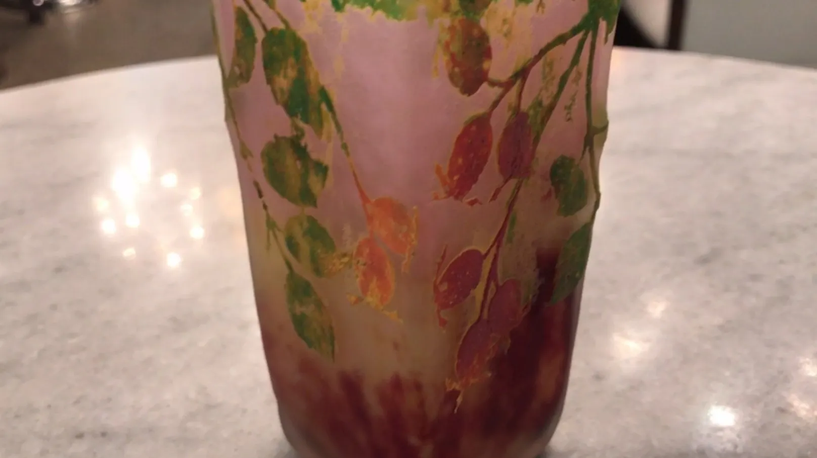 Antique signed glass Daum Nancy with green and pink leaves