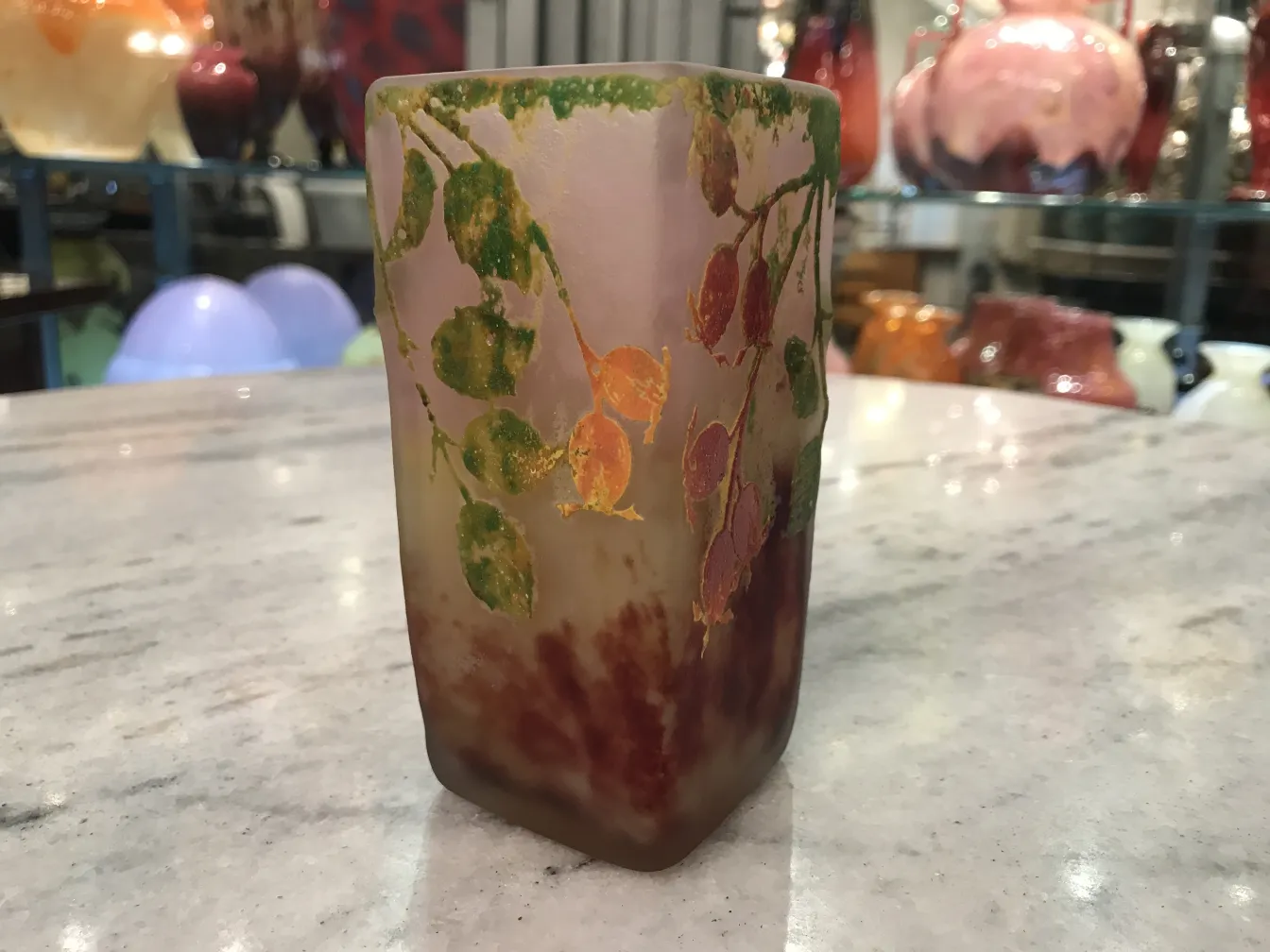 Signed glass Daum Nancy with colorful leaf design, decorative