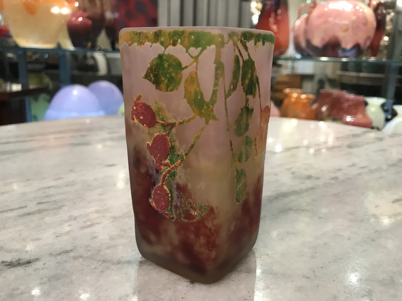 Antique signed glass Daum Nancy featuring a leaf and berry pattern, colorful and unique