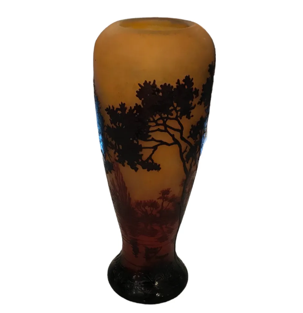 Antique signed glass Daum Nancy featuring tree silhouettes, decorative.