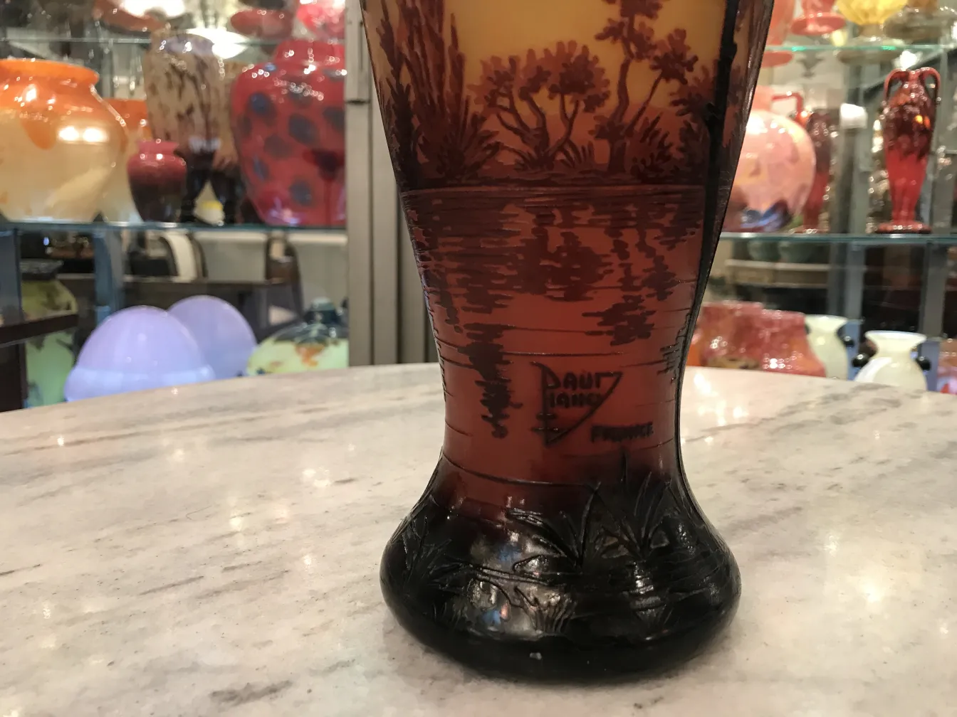 antique glass with daum nancy signature and scenery