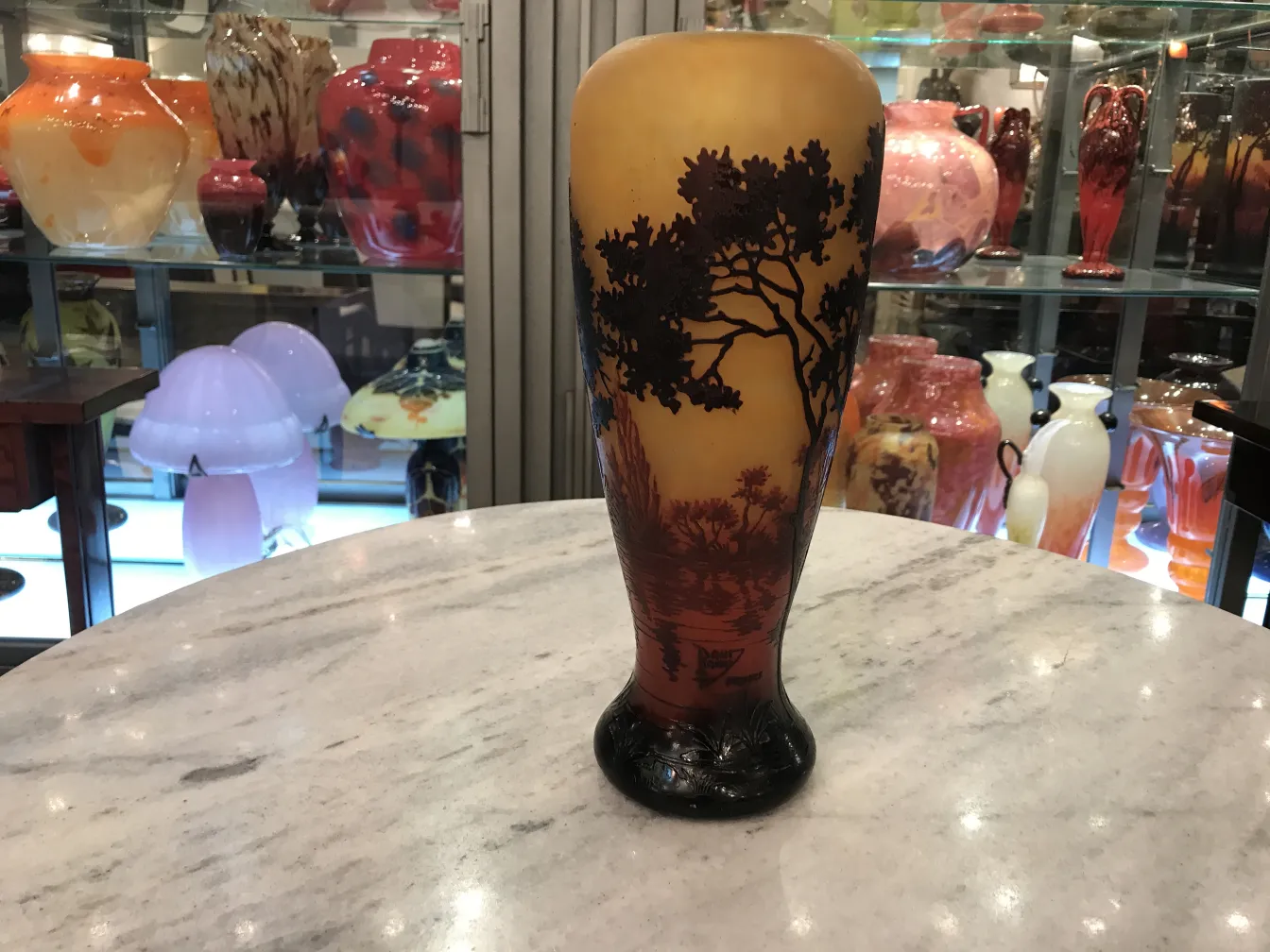 antique vase with signed glass and relief landscape