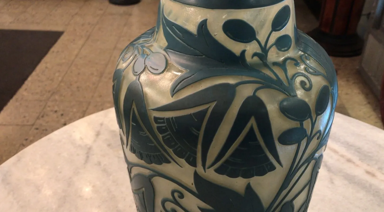 Antique signed glass with intricate blue details