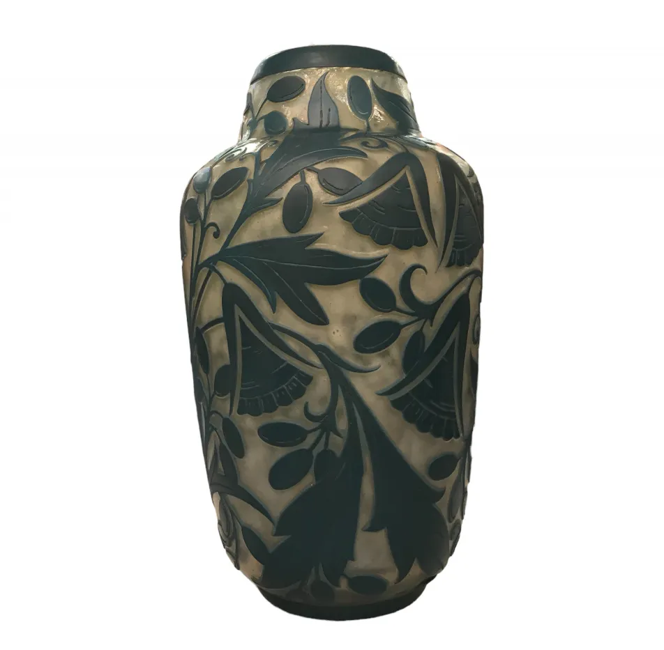 Vaso antigo de vidro assinado Daum Nancy com decoração floral