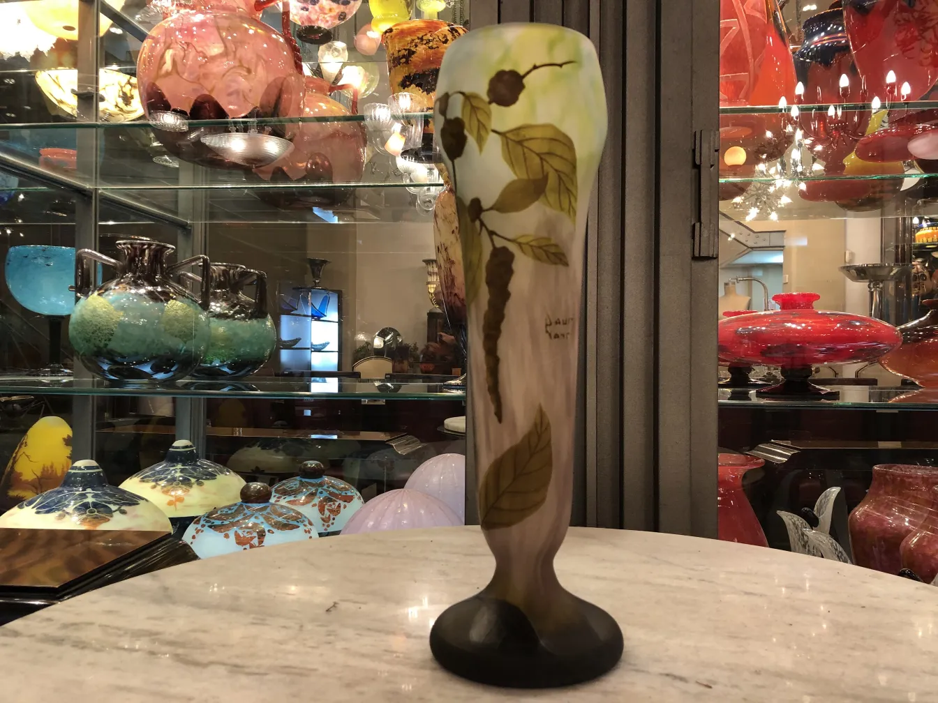 Signed Daum Nancy glass with leaf design