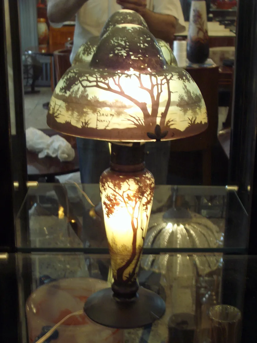 daum nancy signed glass lamp with tree design