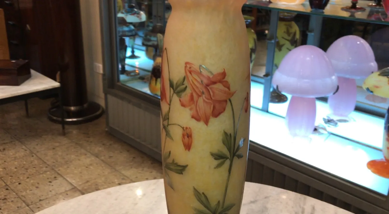 Antique vase with painted flowers on signed glass Daum Nancy, stylish décor