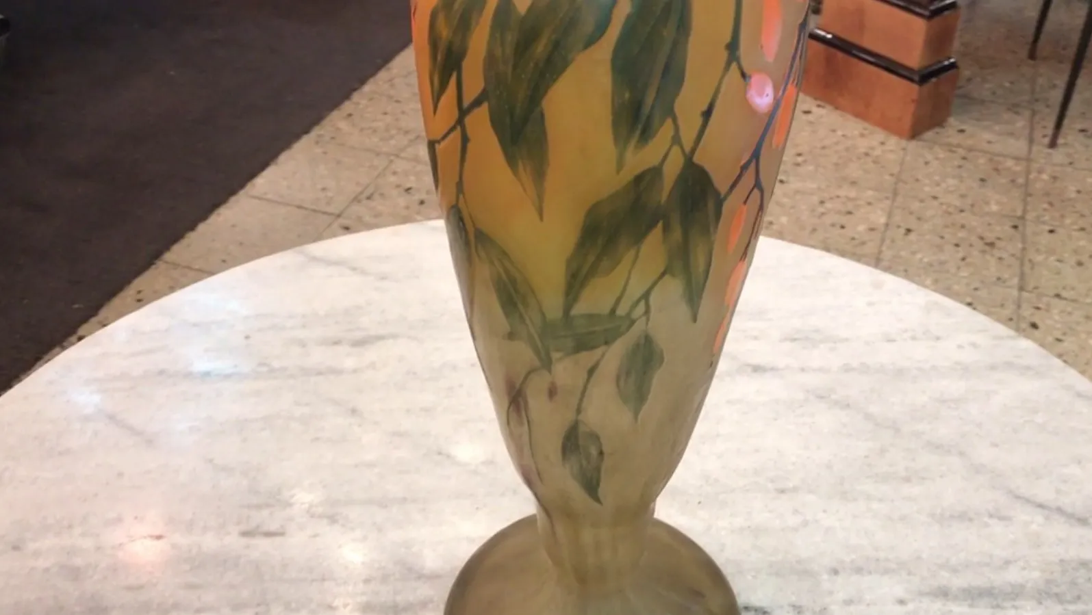 Antique signed glass Daum Nancy with green and orange leaf design