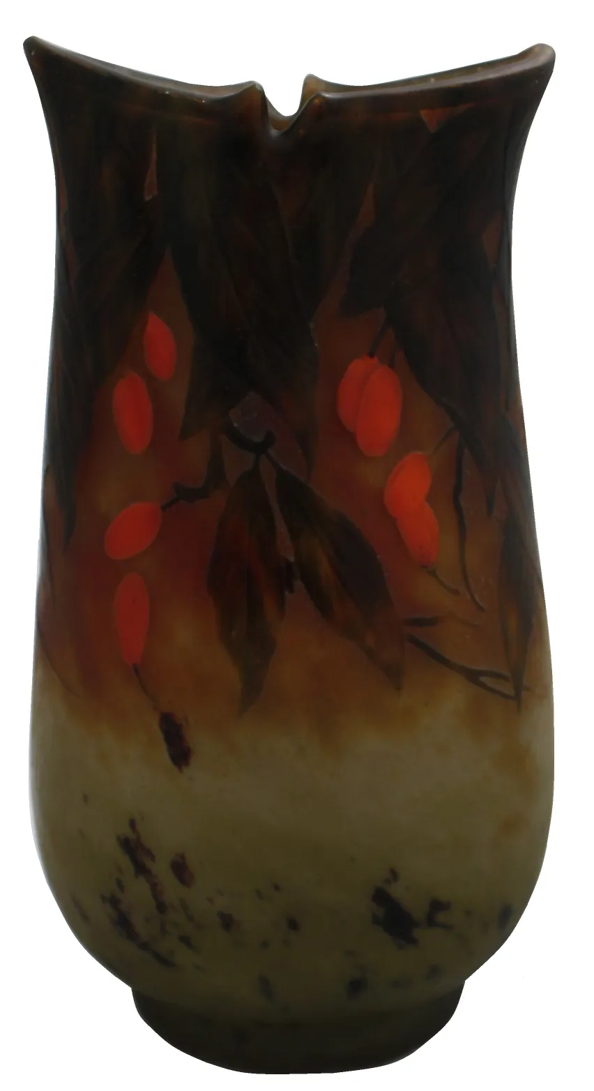 Vaso de vidro antigo assinado Daum Nancy, decorado com folhas e frutos