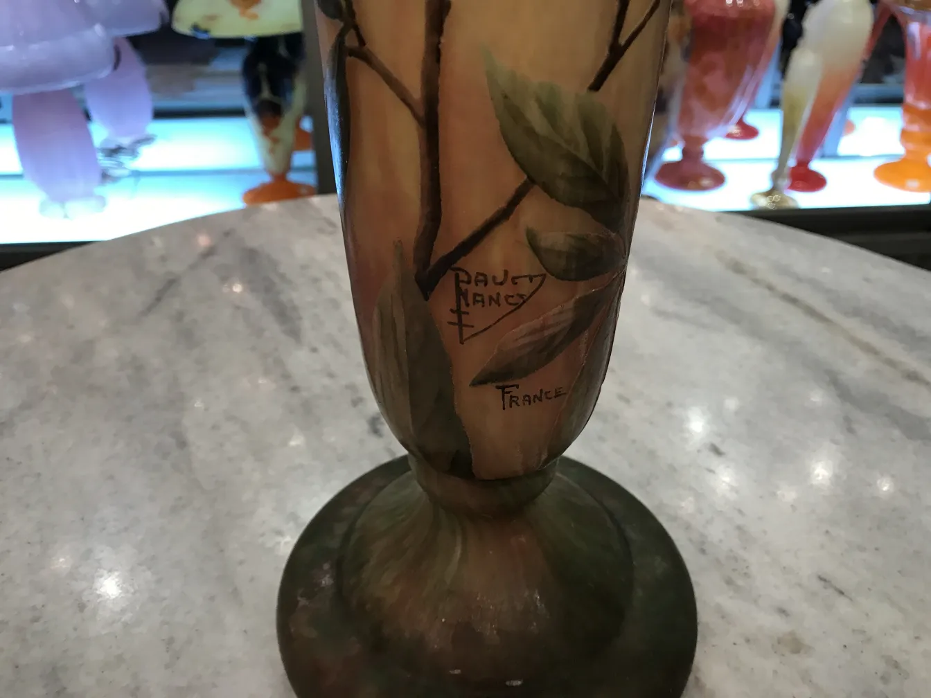 Antique vase with leaves and Daum Nancy signature, France.