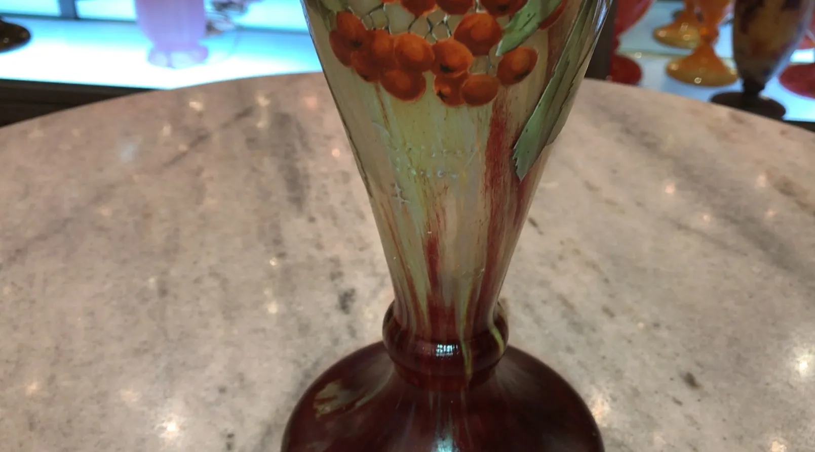 signed glass vase daum nancy with red and green floral pattern, antique