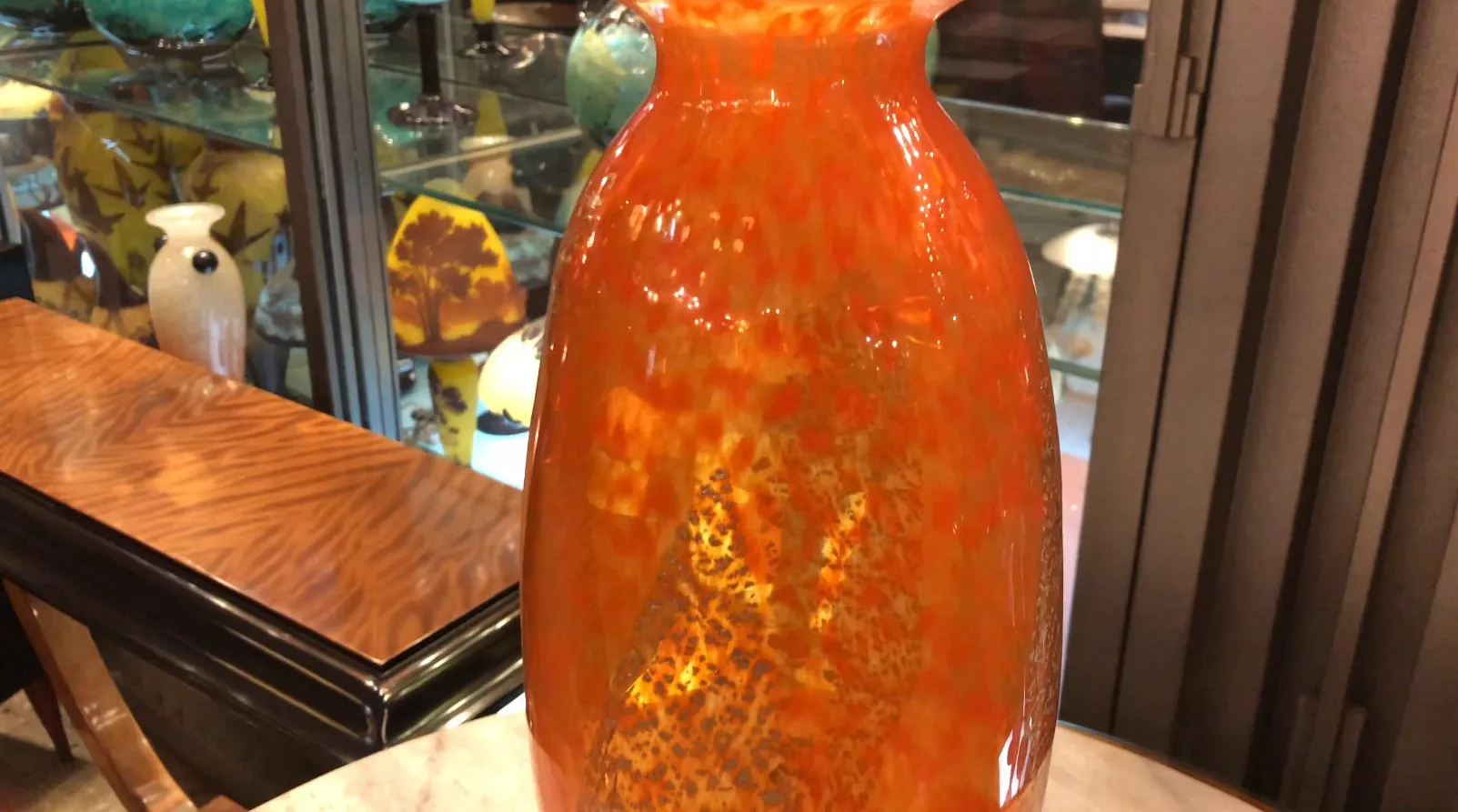 antikes signiertes glasvase von daum nancy in orangetönen