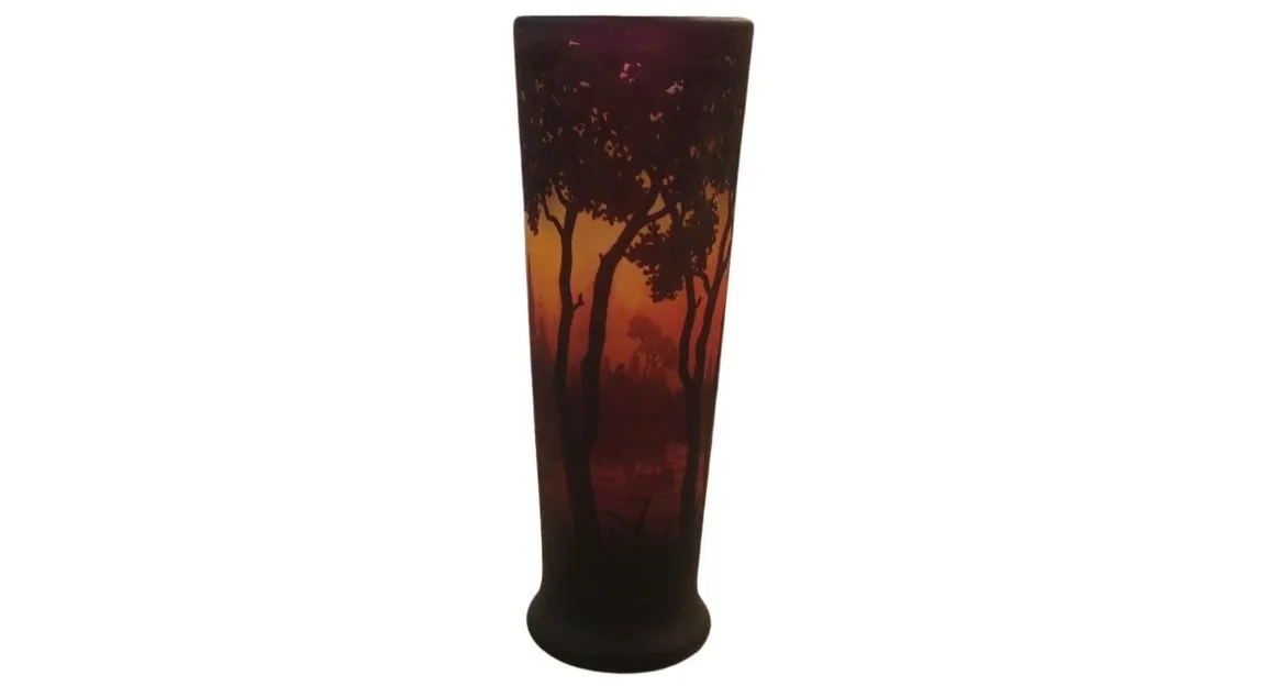 antique glass vase with scenic nature design