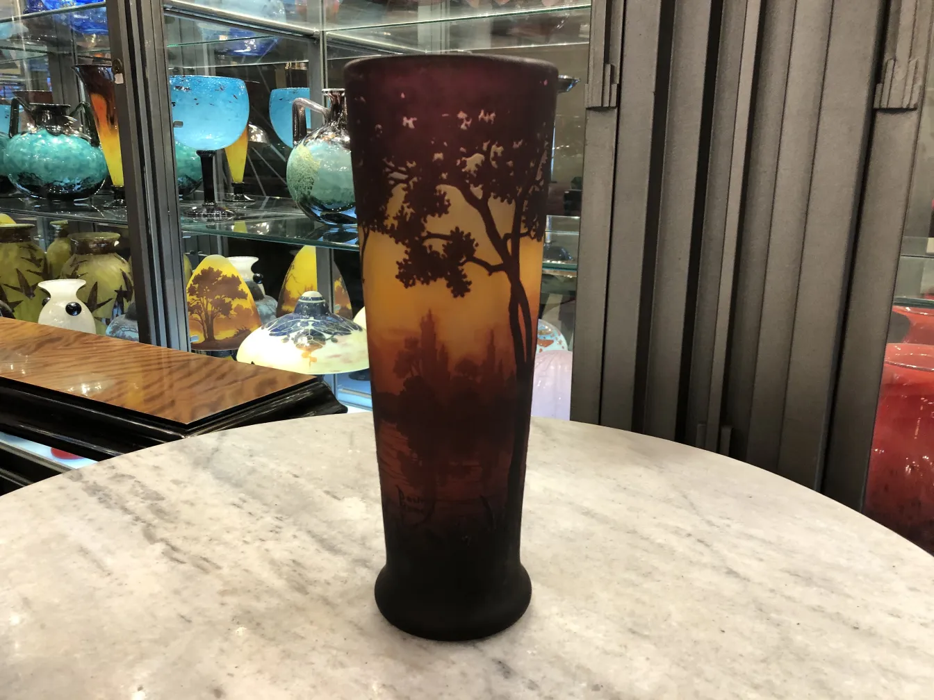 Glass piece with colorful design and tree decoration