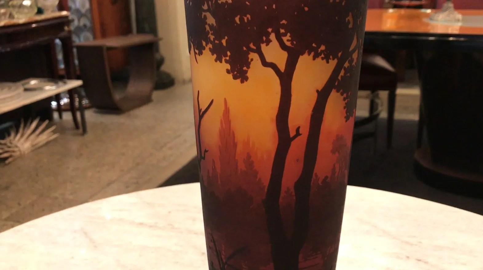 antique signed glass Daum Nancy featuring tree landscape