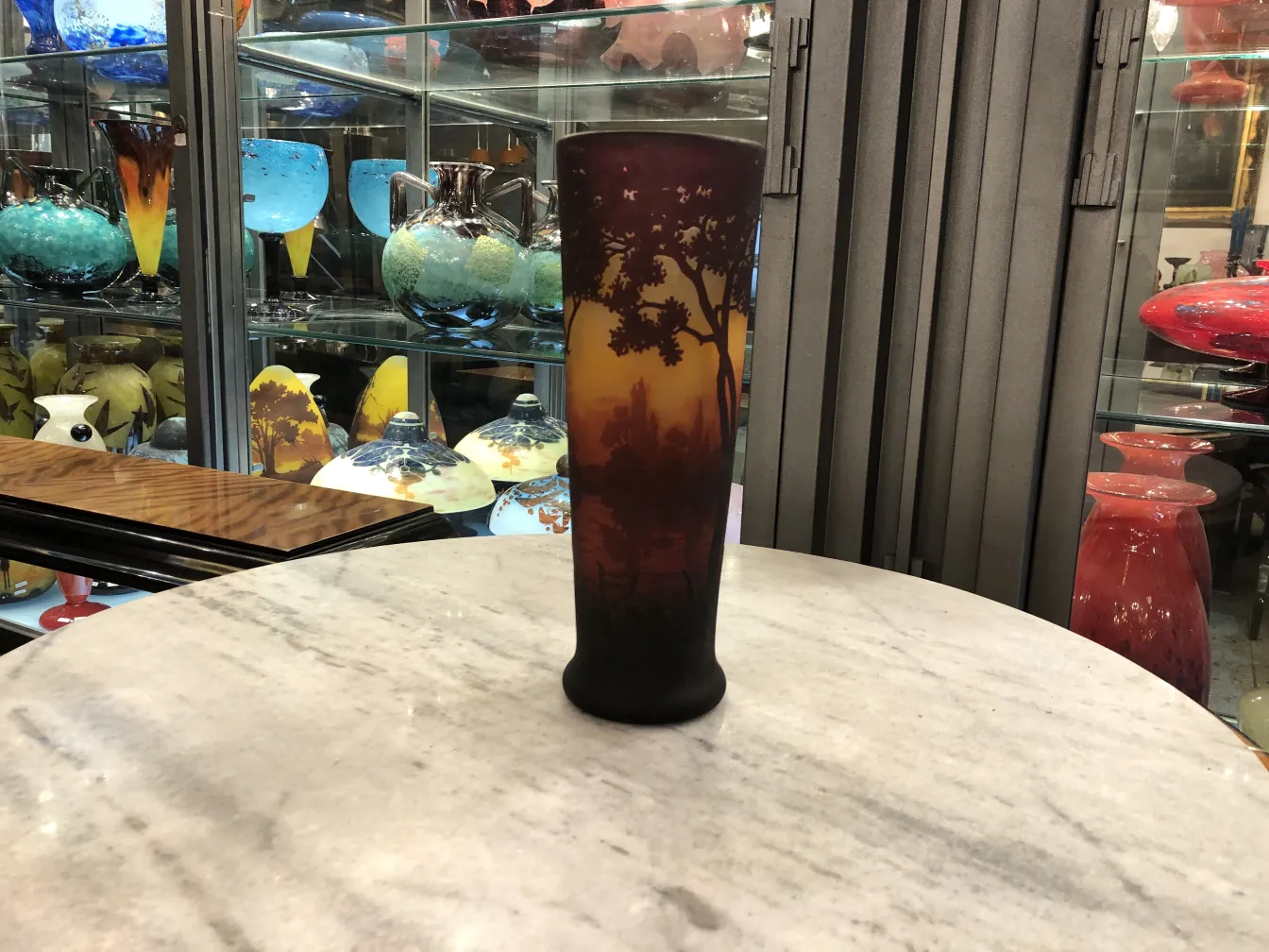 Signed glass Daum Nancy with sunset landscape, antique.