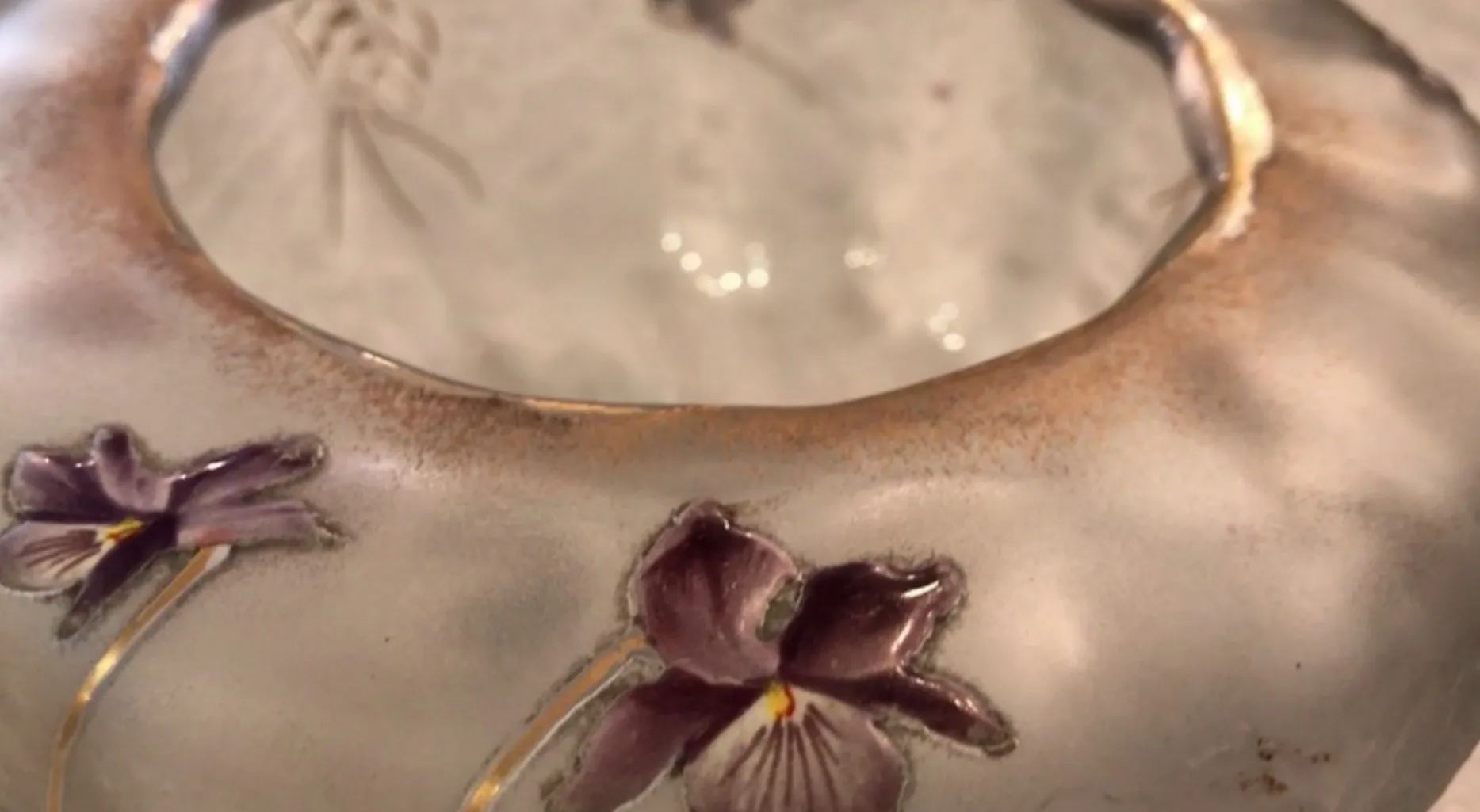 Antique signed glass Daum Nancy with decorative purple flowers, elegant and delicate.