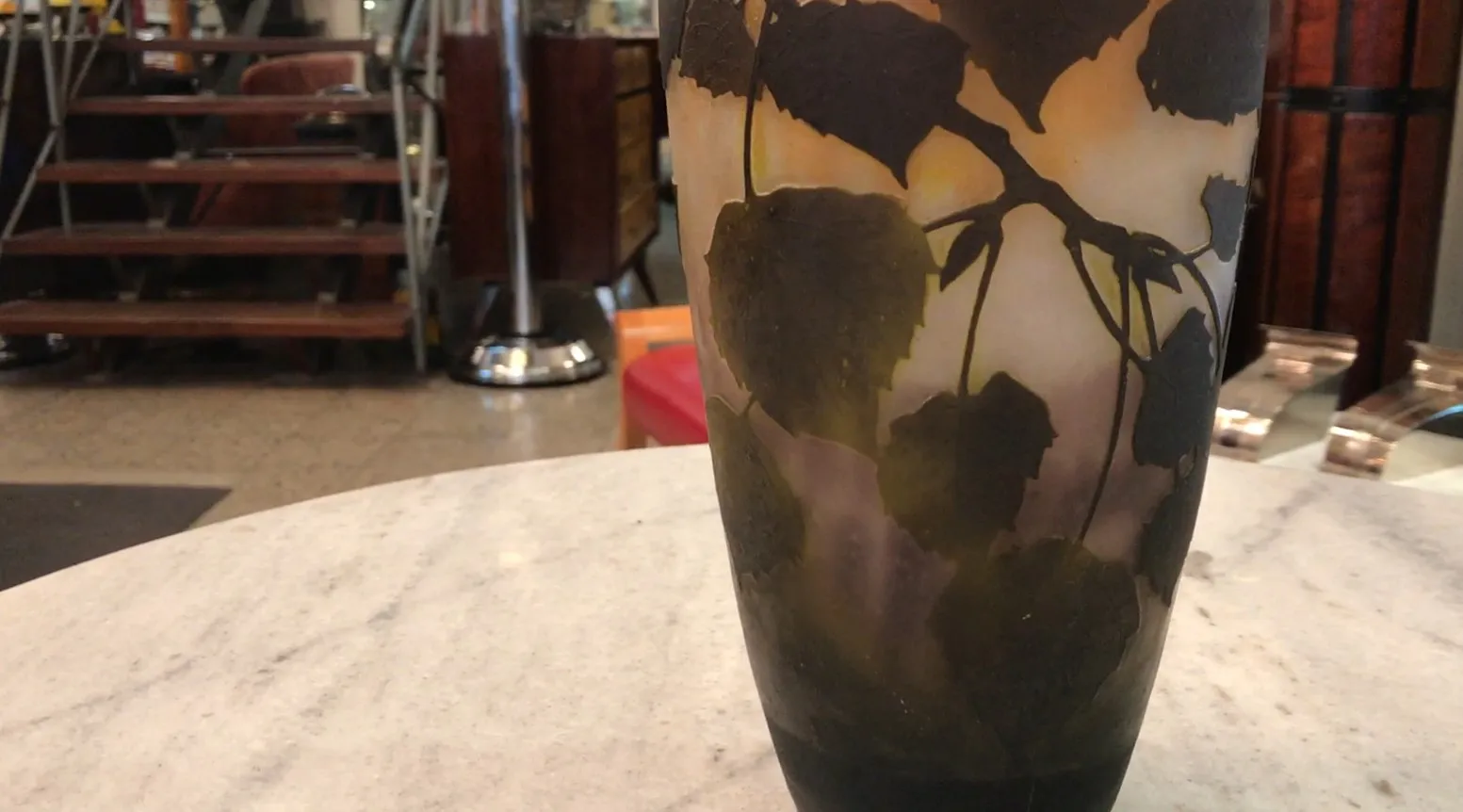 antique signed glass with leaf details and shadows