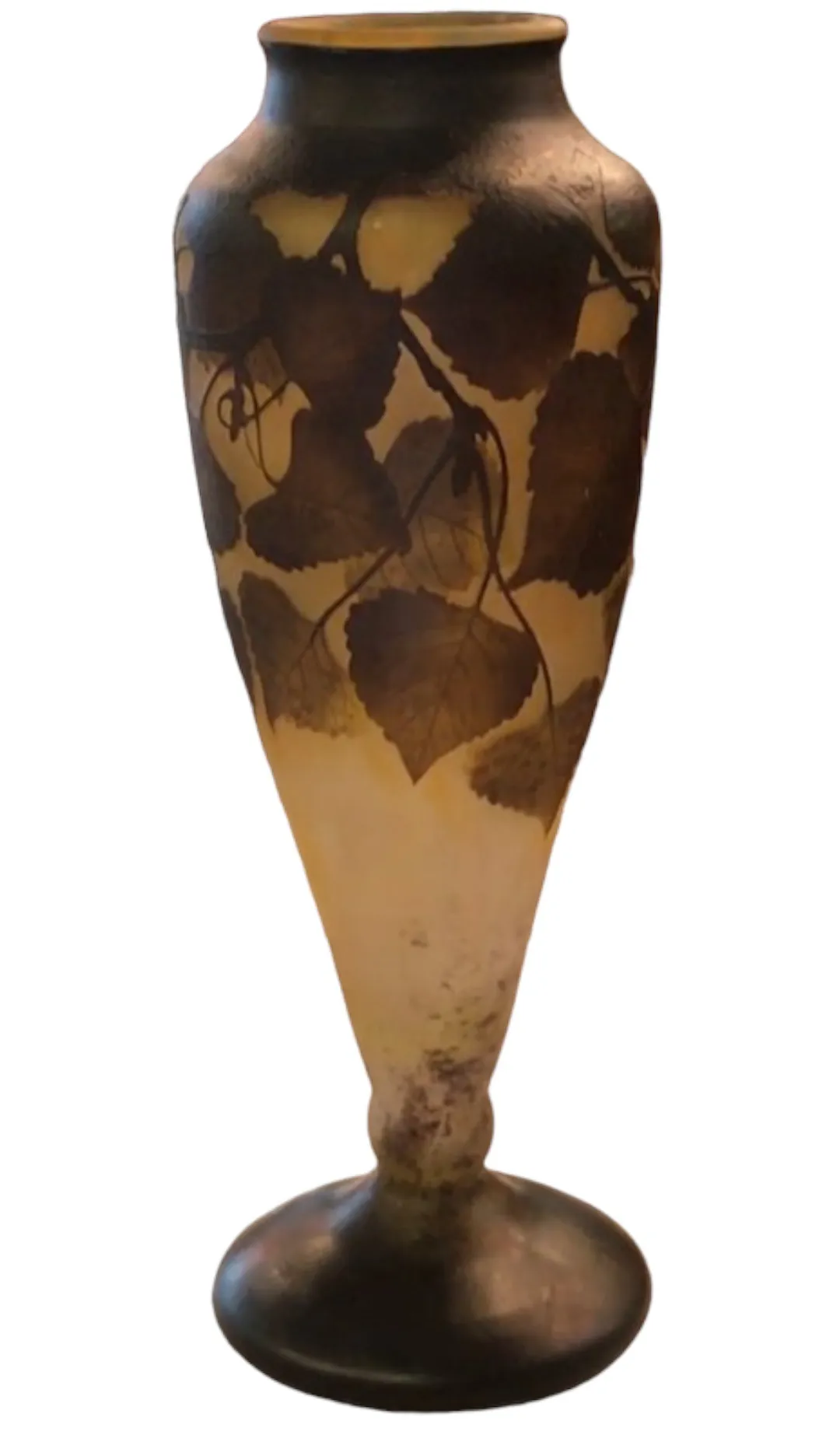 Antique signed glass Daum Nancy in vase shape with leaf design and round base.