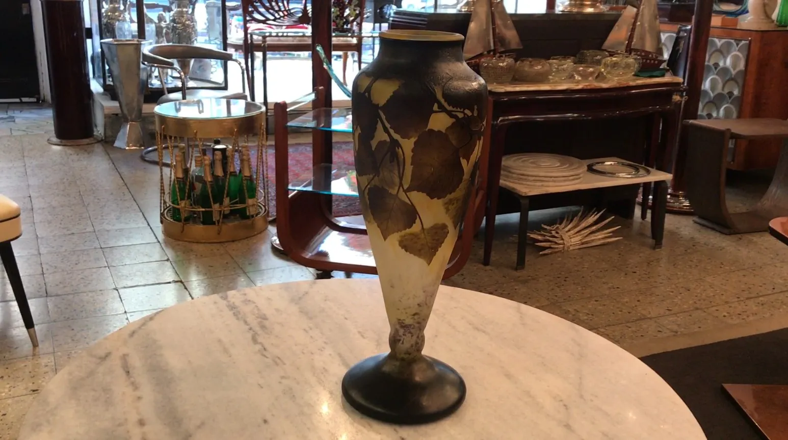 antique signed glass by daum nancy with leaf design, antique surroundings