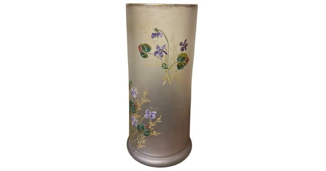 Antique glass with purple flowers and green leaves, Daum Nancy.