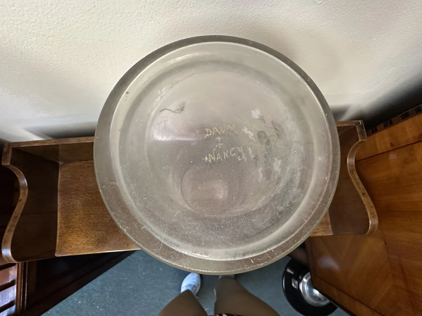 top view of signed glass Daum Nancy with a small signature