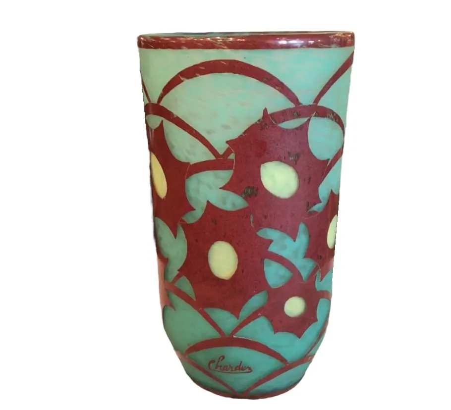 antikes signiertes Glas mit Blumenmuster