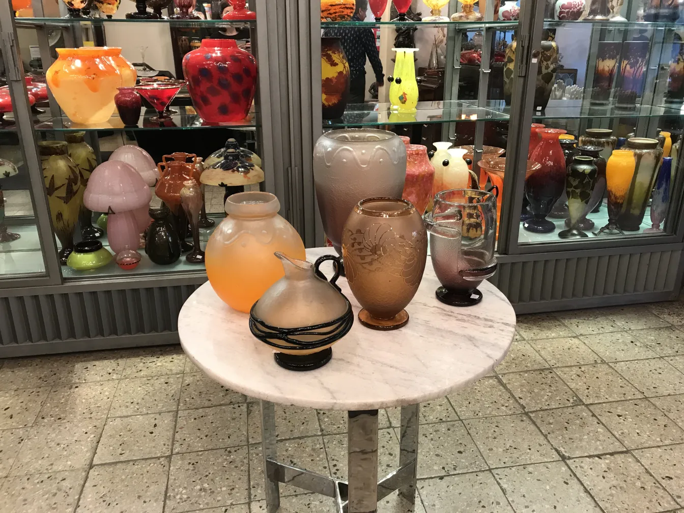 Signiertes Glas Charder auf Tisch mit anderen Antiquitäten